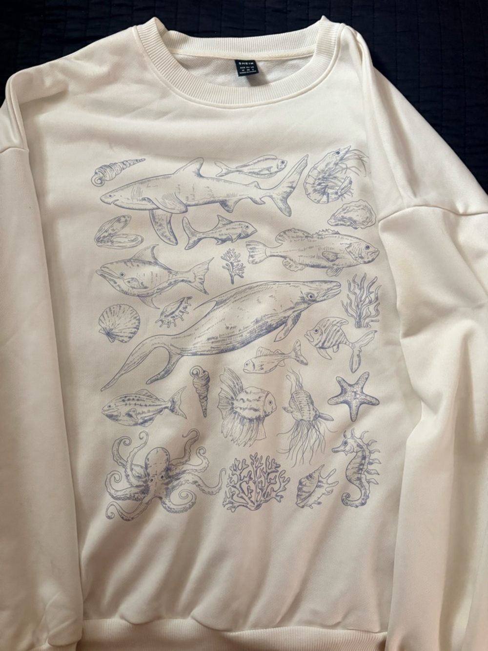SHEIN Cream Crewneck Sweatshirt with Blue Marine Print